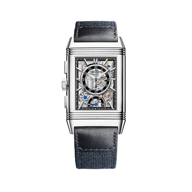 Reverso Tribute Chronograph Duoface Manual 49.4mm x 29.9mm, Steel, Blue/Chronograph Dial, Navy Blue Strap